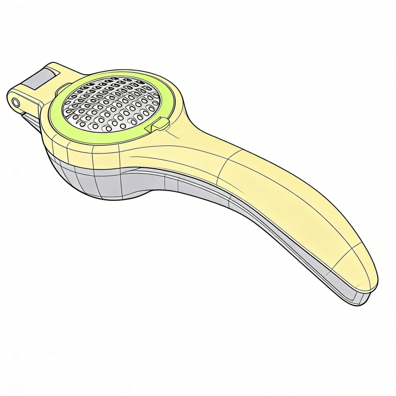 technical drawing of a 3-in-1 garlic press and grater tool,, ideal for kitchenware manufacturing and wholesale